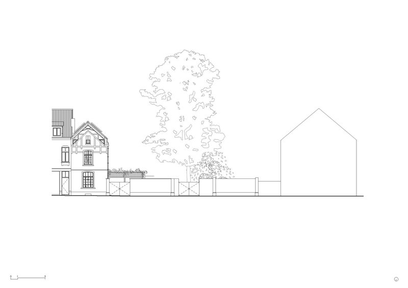 Section drawing showing an existing house alongside a new single-story extension and a tall tree