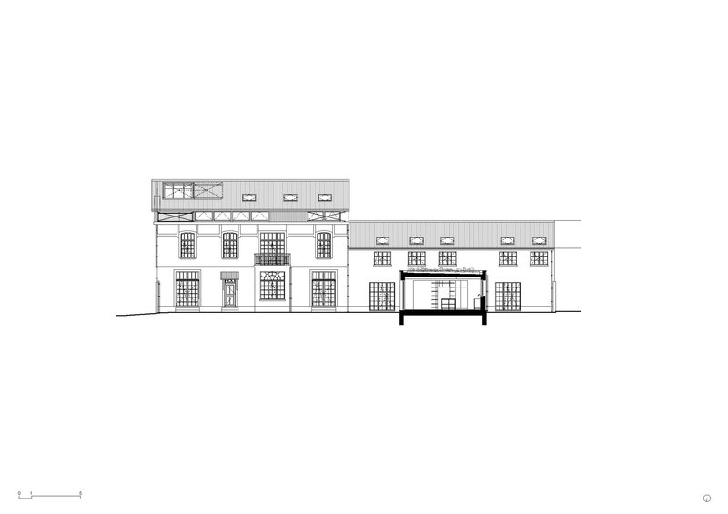 Elevation drawing showing a multi-story structure with gridded windows and a sectional cut through one volume