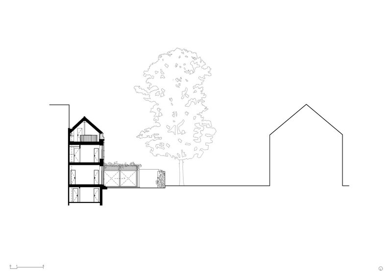 Section drawing depicting a multi-level building beside a tree and adjacent residential structure