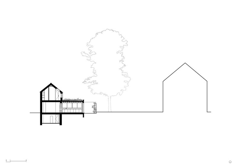 Section drawing showing interior spaces within a pitched-roof volume next to a tree and neighboring house