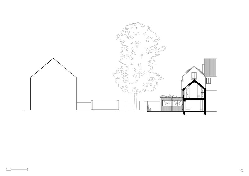 Section drawing illustrating a gabled house with internal spaces flanked by a tree and neighboring structures