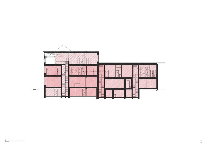 Section drawing with pink infill highlighting programmatic zones across multiple levels and connecting circulation