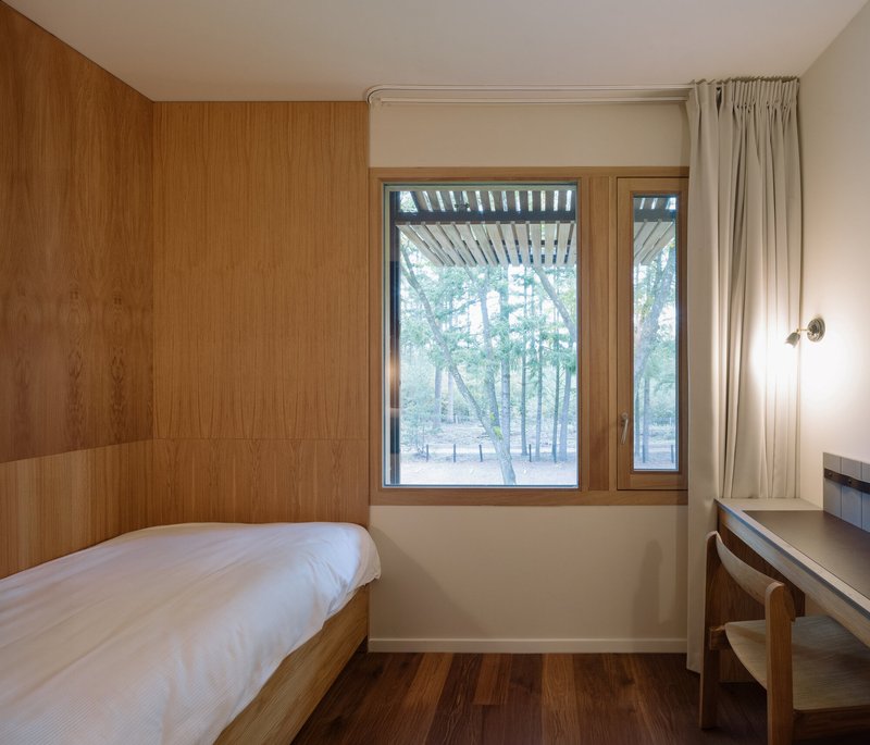 Bedroom with timber wall paneling and window opening to trees through a slatted overhang