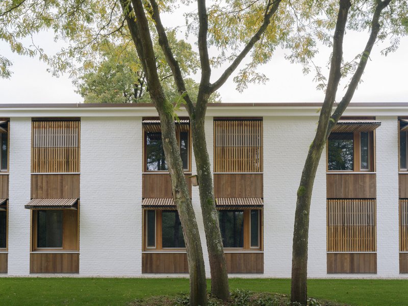 White brick facade with timber-clad balconies and vertical slat screens seen through bare tree trunks