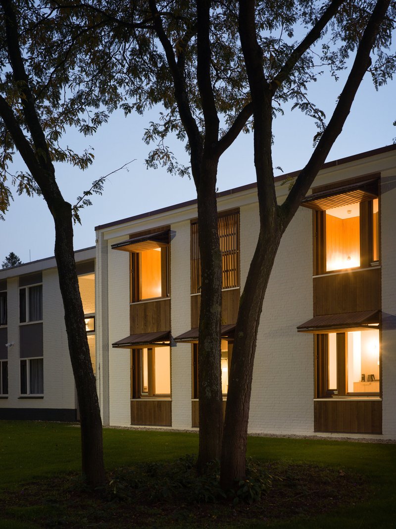 Bay windows with interior lighting glowing at dusk through dark tree trunks in the foreground