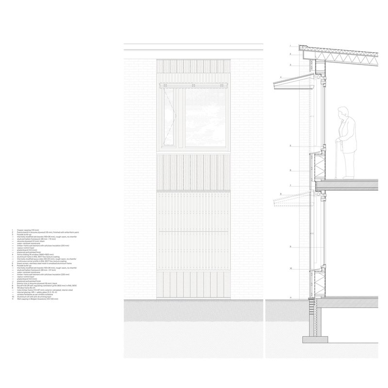 Section drawing and elevation detail of a timber-clad facade with window assembly and balcony construction