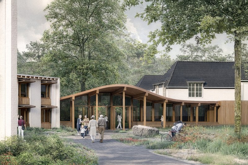 Rendering of a timber-framed pavilion with glazed walls and people gathering on a path through landscaped grounds