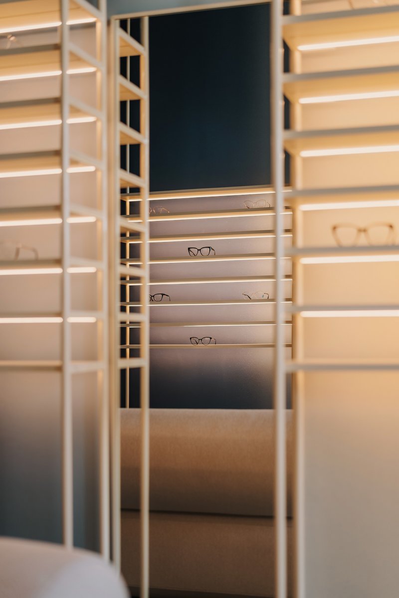 View through vertical metal frame showing eyeglasses on horizontal shelves and teal wall beyond