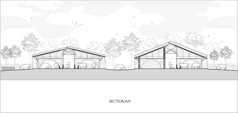 Section drawing showing two gabled barn structures with arched openings, cattle silhouettes, and trees in the background