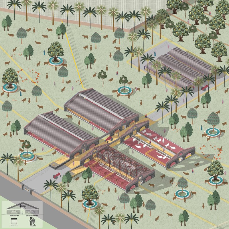 Axonometric drawing of three barn structures with pathways, water features, grazing animals, and palms across the site