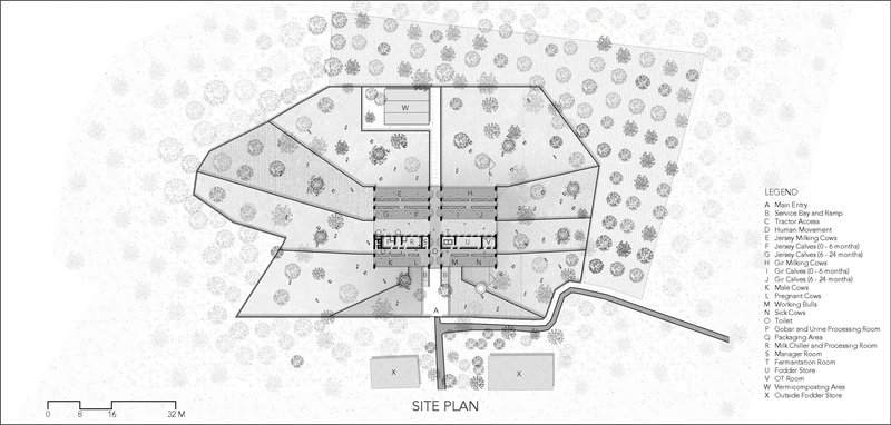 Site plan drawing showing a cruciform building layout surrounded by trees with a legend and access road