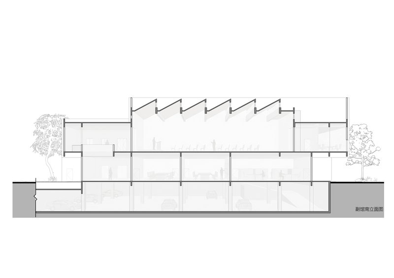Section drawing showing sawtooth roof profile and multi-level interior volumes with adjacent trees