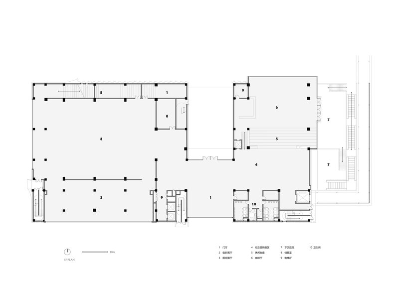 Ground floor plan drawing indicating large open gallery spaces and service zones