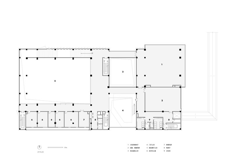 Second floor plan drawing showing upper gallery and central void overlooking the entry below