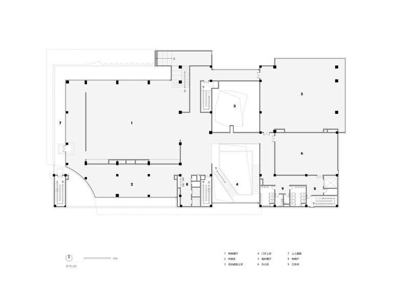 Ground floor plan showing multiple rooms arranged around a central courtyard with staircases at corners