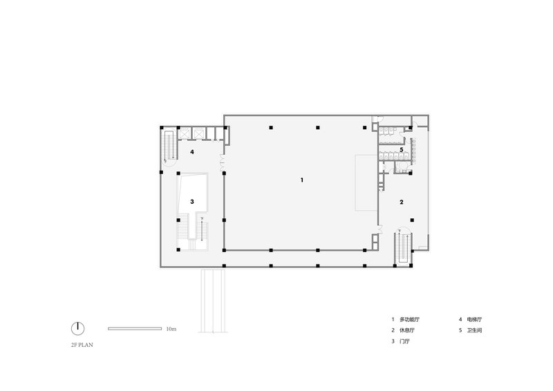 Second floor plan displaying a large open space flanked by smaller rooms and two staircases