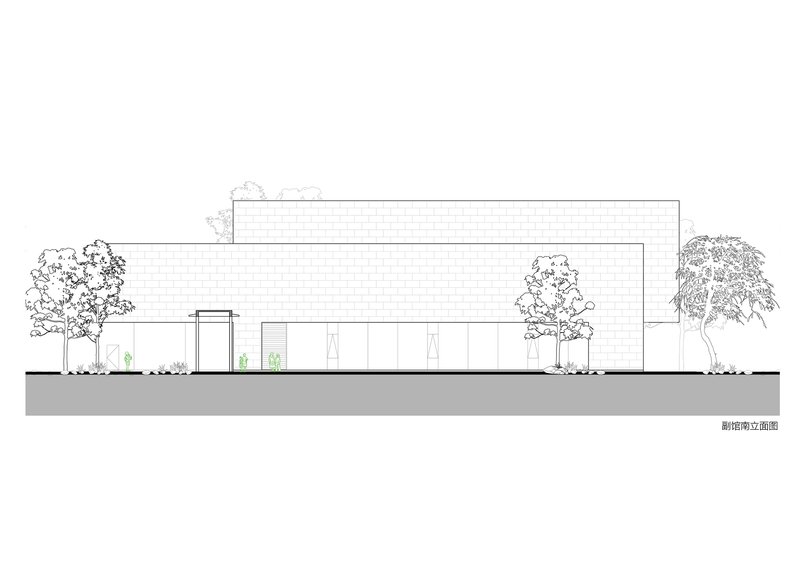 South elevation drawing showing a low brick facade with windows and surrounding trees in outline