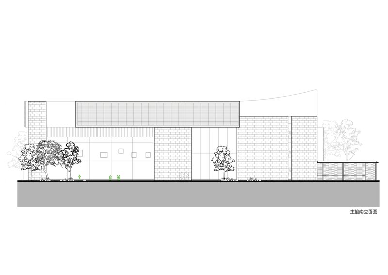 West elevation drawing depicting brick and corrugated metal volumes with scattered trees along the grade