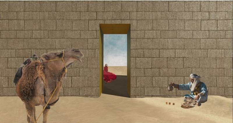 A minimal opening within a massive wall reflects the narrowing window for climate action, set within a culturally grounded desert context.