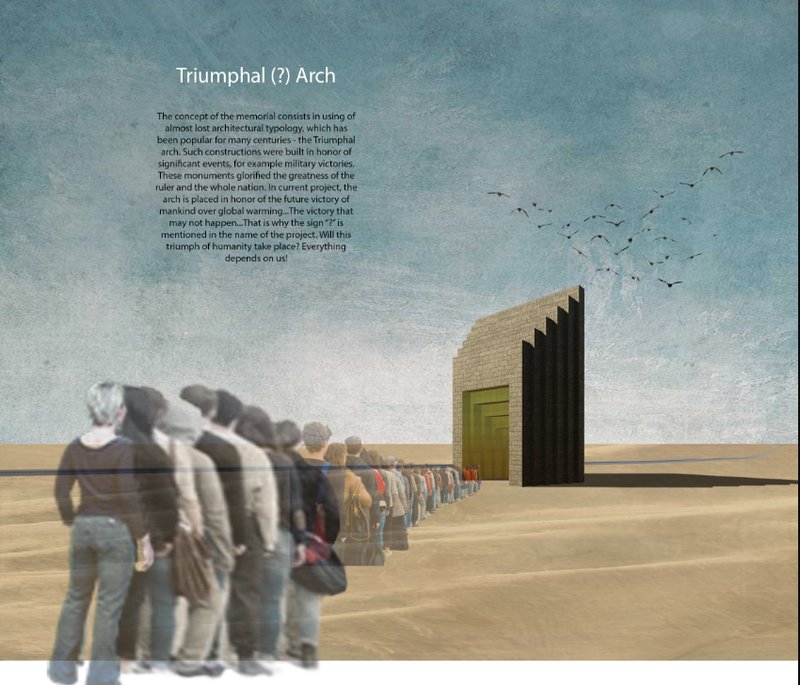 A symbolic procession approaches the Triumphal (?) Arch, framing climate change as a collective human journey toward an uncertain future.