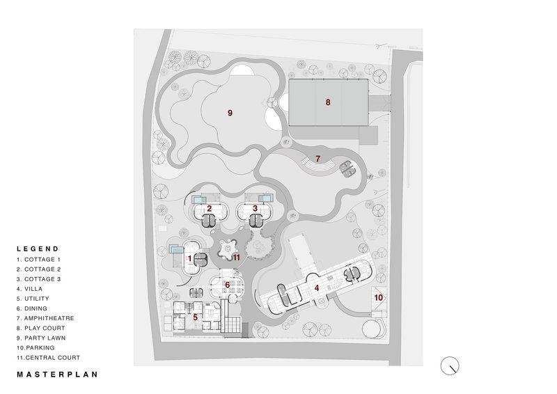 Master plan drawing showing clustered cottage buildings around a curved pool and lawn with landscaping and parking areas