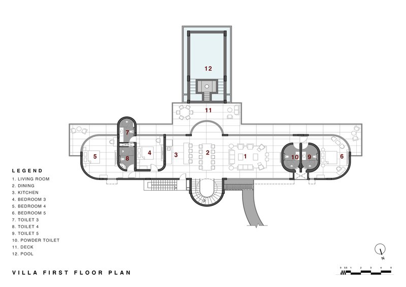 First floor plan drawing showing living and dining spaces with cylindrical bedroom pods and rooftop pool extension