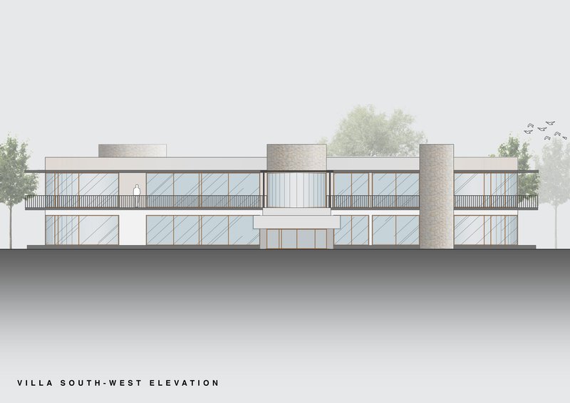 Elevation drawing showing two-story glazed facade with stone volumes and flanking trees