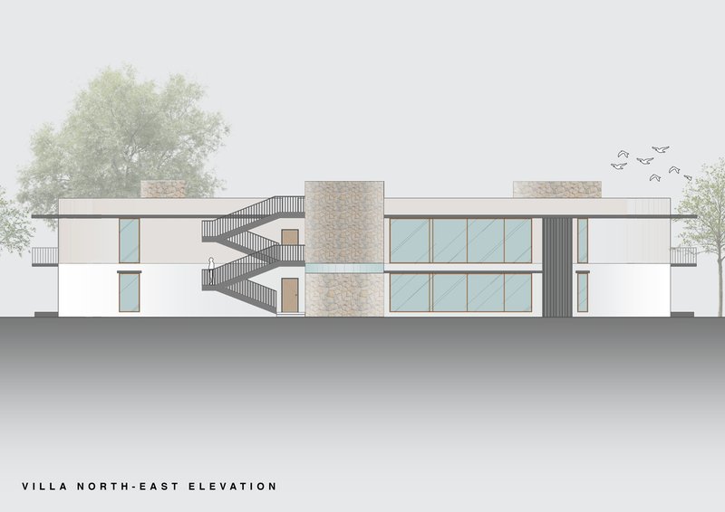 Elevation drawing featuring exterior staircase climbing stone tower with trees and birds overhead