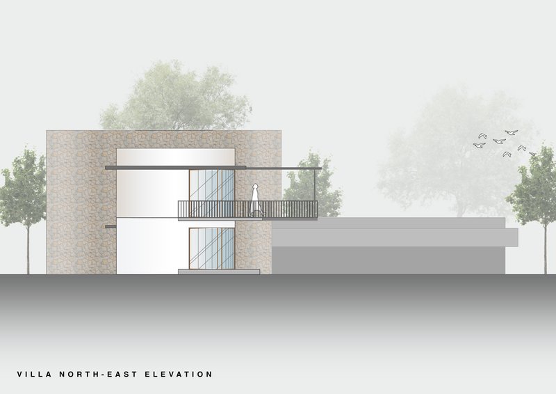 Elevation drawing of stone-clad cube with balcony and adjacent horizontal volume in mist
