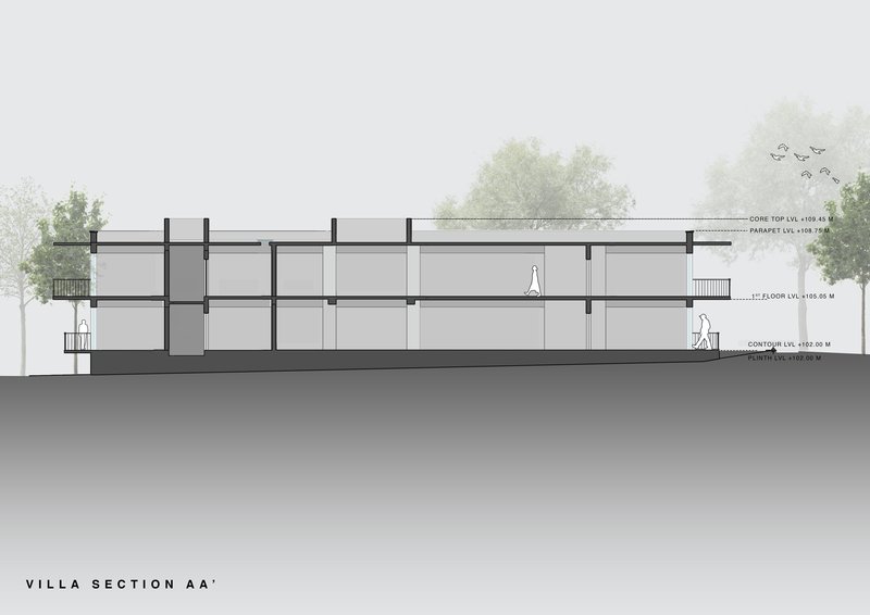 Section drawing revealing two-level interior with structural columns and human figures for scale