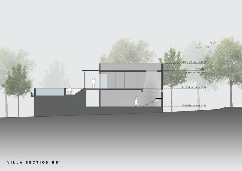 Section drawing showing sloped site with internal staircase connecting split-level floors