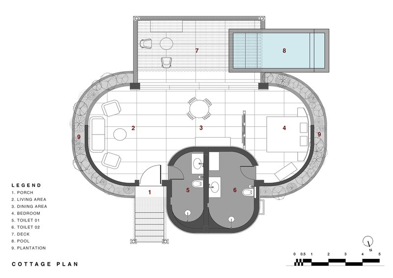 Floor plan drawing of oval-shaped residence with pool, deck, and radiating landscape planting