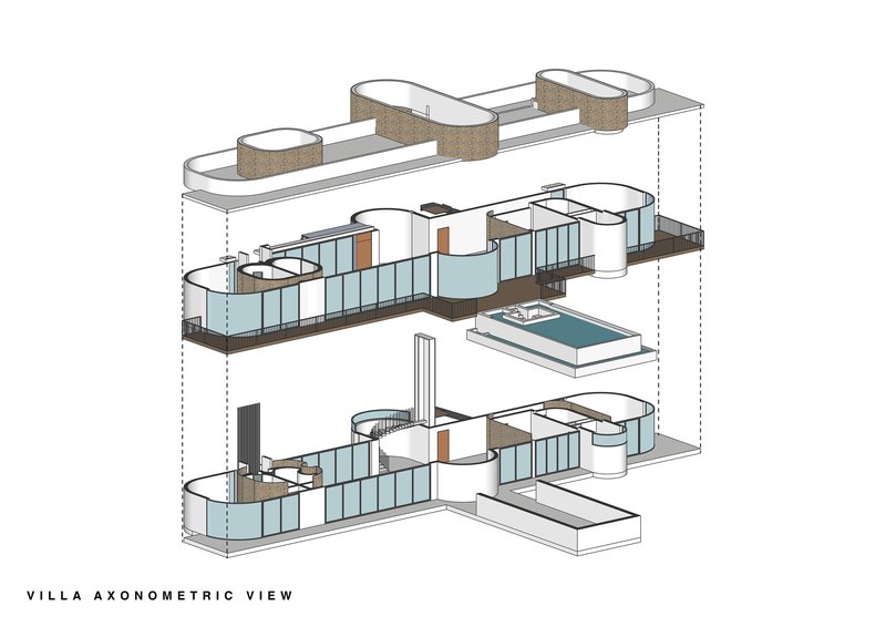 Axonometric drawing showing three stacked floor plates with curved glass walls and cylindrical volumes