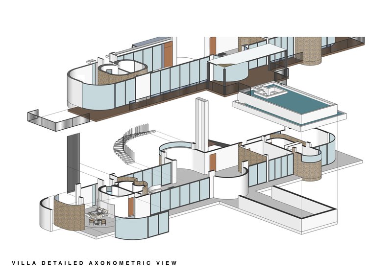 Detailed axonometric drawing revealing two villa levels with spiral stairs, pool terrace and textured wall elements