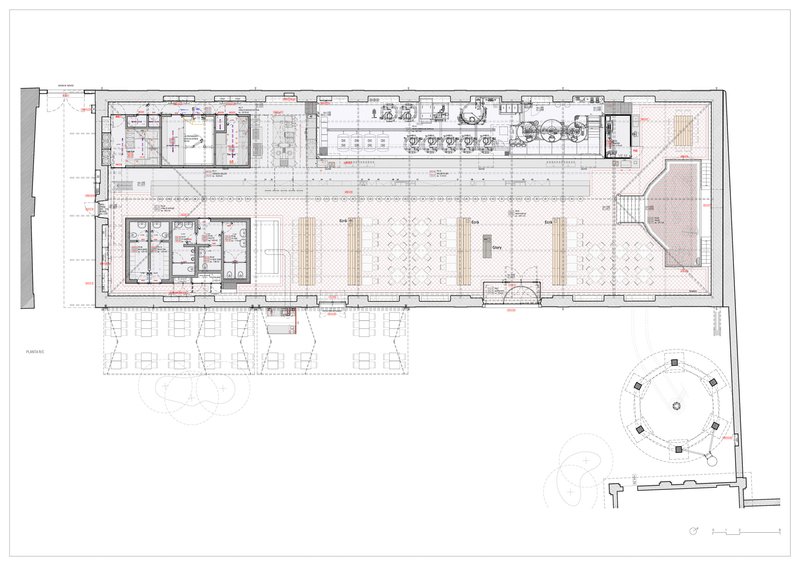 Ground floor plan drawing depicting a long hall with service areas and a circular pavilion at one end