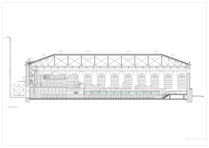 Section drawing showing arched windows, exposed steel trusses, and internal mezzanine levels