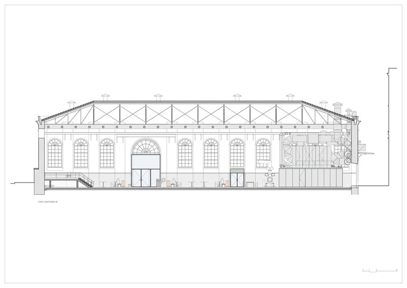Section drawing through the main hall revealing arched openings and steel roof structure above