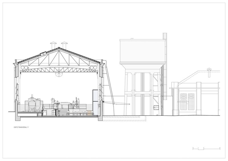 Section drawing showing an industrial hall with exposed truss roof and adjacent storage silo
