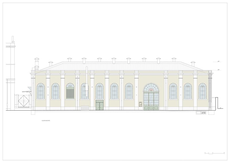 Elevation drawing of a low pavilion with arched windows and symmetrical facade composition