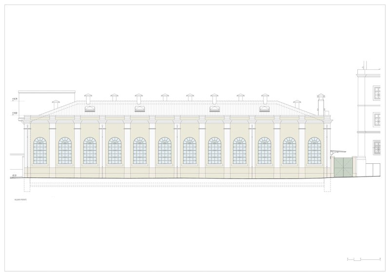 Elevation drawing showing the long facade with repeating arched windows and chimney stacks