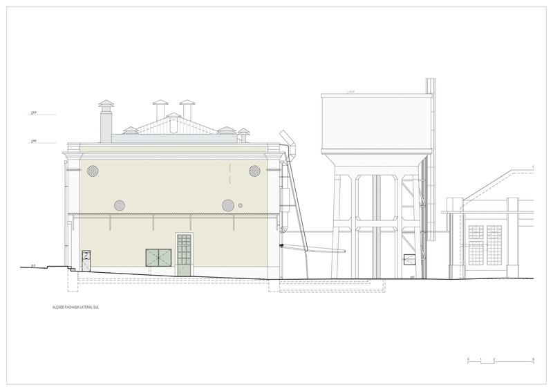 Elevation drawing depicting the industrial hall with adjacent silo and service structures