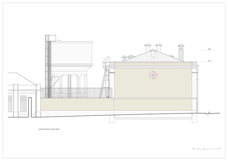Elevation drawing showing a tower structure adjacent to a volume with decorative roofline and circular motif