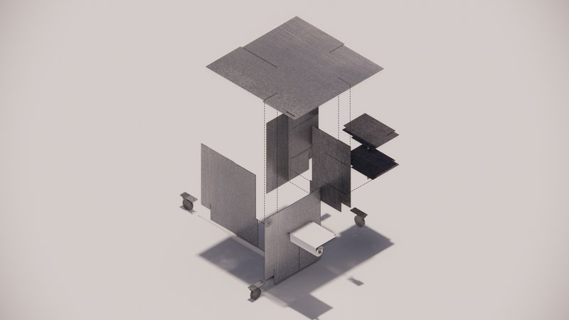 Axonometric drawing showing an exploded view of interlocking volumes, roof planes and vertical circulation elements
