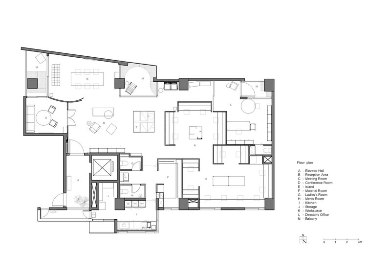 Floor plan drawing depicting an irregular residential layout with multiple zones and furniture notation