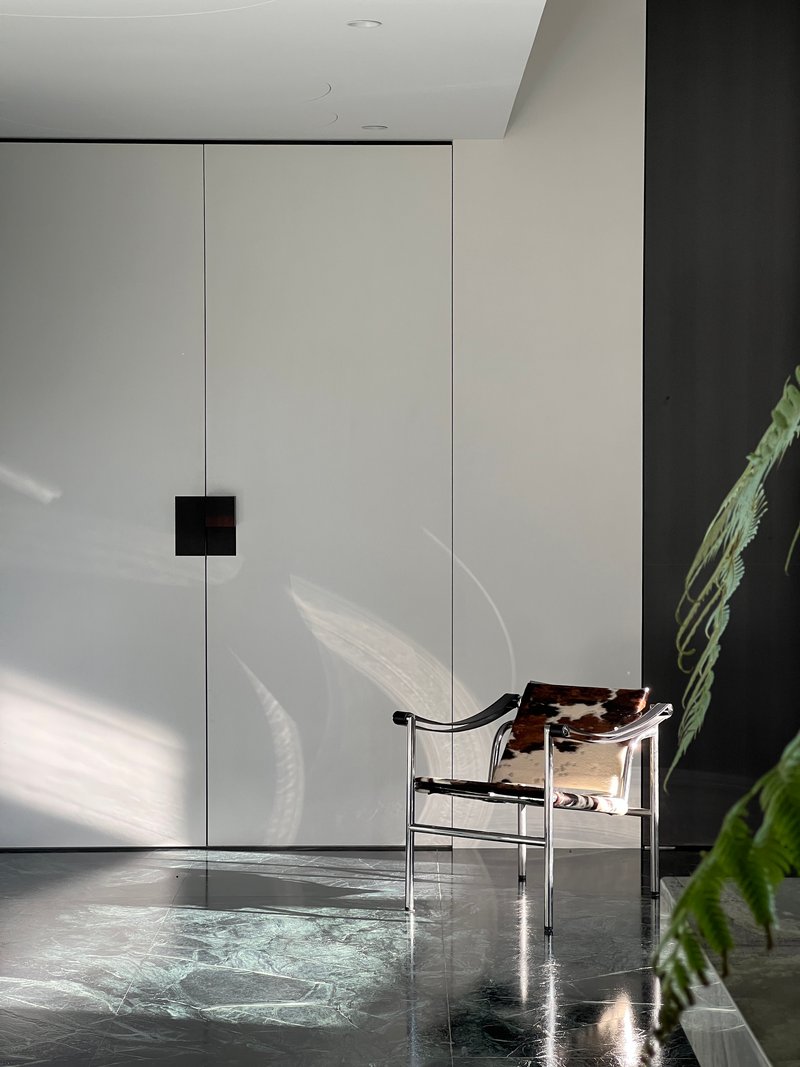This architectural image showcases a modern interior with minimalist design elements. A chrome and cowhide chair sits against a backdrop of white walls and a bl
