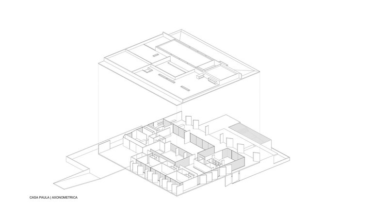 Axonometric drawing showing the exploded roof and interior layout with partition walls and furnishings
