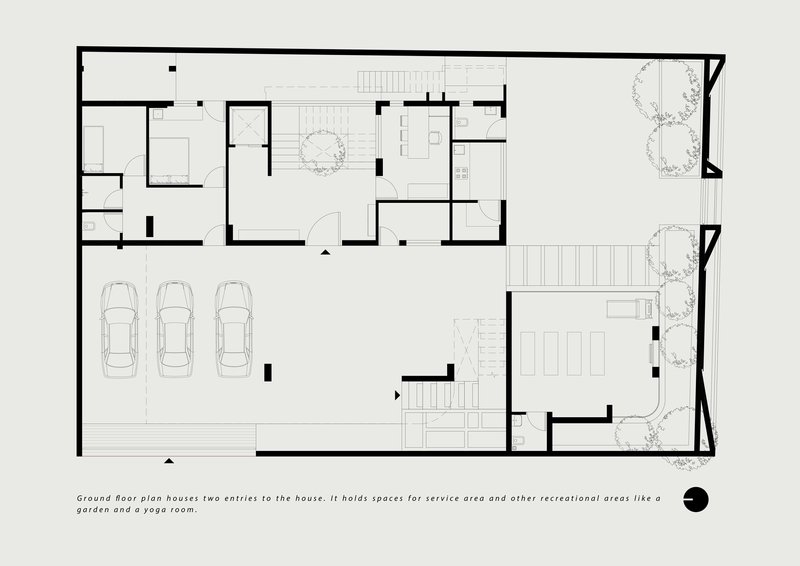 Ground floor plan showing garage with three parking spaces, service areas, and a garden with trees