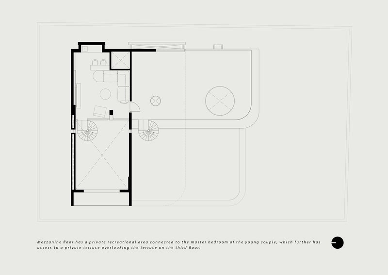 Mezzanine floor plan showing a bedroom suite with access to a terrace overlooking the exterior courtyard