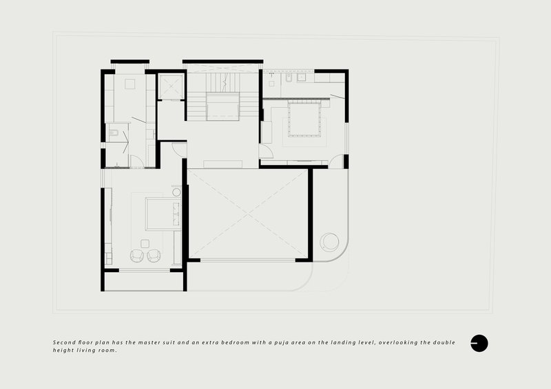 Second floor plan featuring a master suite with a puja area overlooking the double-height living room