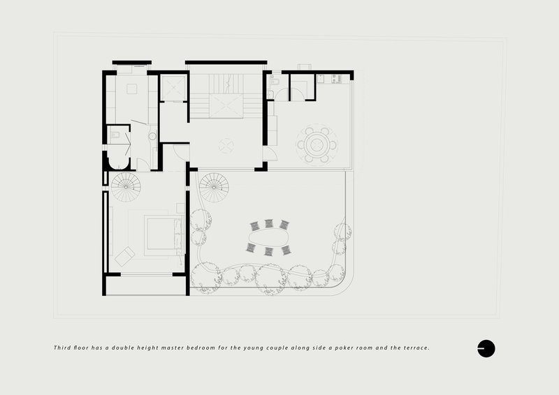 Third floor plan with double-height master bedroom, poker room, and terrace with planted perimeter landscaping